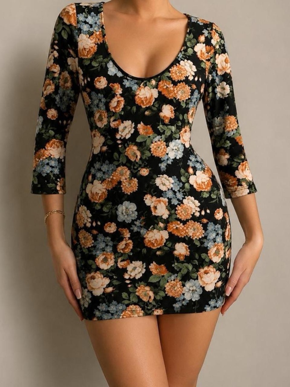 Forever 21 Black Floral Mini Dress with Orange and Blue Flowers